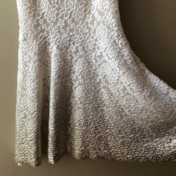 Free People Cream & Gold Lace Spaghetti Strap Dress Size Medium Asymmetrical Hem - Picture 3 of 9